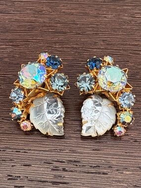 VTG KARU ARKE INC AB & Blue Crystal Leaf Earrings, one clip mechanical missing